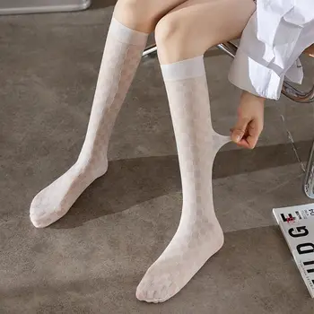 Носки до икр, летние Тонкие чулки для женщин, кружевные сетчатые длинные чулки JK, ромбовидные носки-трубки в британском стиле средней длины