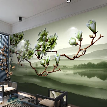 обои papel de parede на заказ, китайский пейзаж с цветком магнолии, трехмерный фон, настенное украшение, фреска