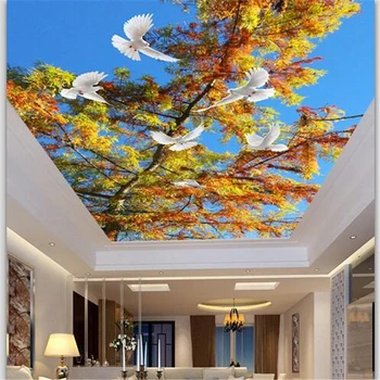 обои wellyu на заказ 3d обои красивые ветви деревьев, голубое небо, белые голуби, потолок гостиной, фрески на крыше, 3D обои