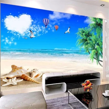 обои на заказ beibehang большие трехмерные большие фрески 3d голубое небо белые облака кокосовая пальма ТВ фон обои