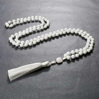 Ожерелье из белых фарфоровых бусин 8/6 мм для женщин, Ожерелья с узлами ручной работы, Мужские Украшения для медитации, йоги, Подвеска с кисточками, Благословляющие украшения
