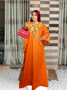 Оранжевые Гипюровые Длинные Платья Bazin Riche Для Африканской Церемонии В Анкаре, Халат Высшего Качества Bazin Riche Dashiki, Женская Одежда Свободного Размера