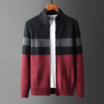Осенне-зимние вязаные мужские свитера Minglu, роскошные жаккардовые свитера в полоску с воротником-стойкой, модные мужские свитера на молнии 3XL