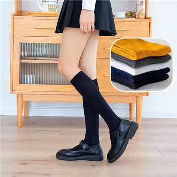 Осенне-зимние женские колготки из чесаного хлопка в тонкую полоску, японские студенческие носки в стиле ретро, колготки до колен, универсальные чулки.