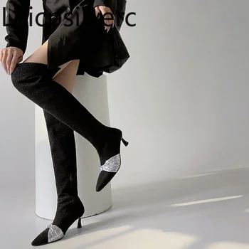 Осенне-зимние Модные Универсальные Новые Пикантные Женские сапоги выше колена с острым носком Смешанных цветов, высотой 5,5 см, большие размеры 32-48