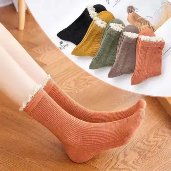 Осенне-зимние носки средней длины для японских девушек, кружевные хлопчатобумажные носки с кружевным краем, повседневные носки
