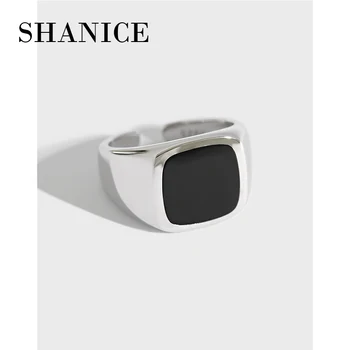 Открытые кольца SHANICE S925 из стерлингового серебра, простое геометрическое квадратное кольцо с черным клеем для женщин, изящные ювелирные изделия на палец для девочек