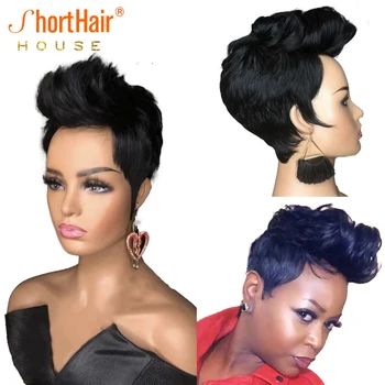 Парик-боб в стиле Пикси для чернокожих женщин, Волнистый парик из человеческих волос 150% плотности, Бразильские парики из человеческих волос машинного производства WeddingHair