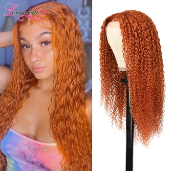 Парик из человеческих волос Longqi Ginger Оранжевого цвета, Бразильский волнистый Парик с Т-образной частью, Предварительно выщипанный, с изюминкой, Кружевной Парик из человеческих волос