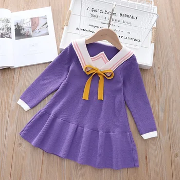 Платье-свитер для маленьких девочек, осенне-зимнее теплое вязаное платье для девочек от 1 до 6 лет, вязаное платье-свитер с бантом для девочек, платье-свитер в стиле колледжа