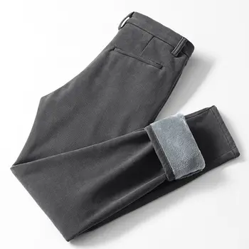 Плюс утепленные флисом теплые прямые хлопчатобумажные брюки, мужская корейская версия трендовых тонких эластичных брюк, черные универсальные повседневные брюки