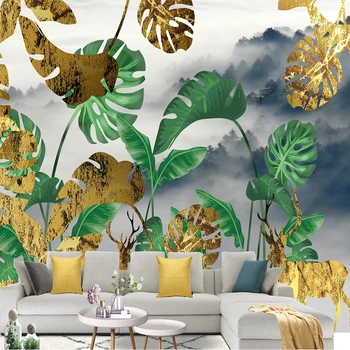 Пользовательские 3D Обои Papel De Parede Современный Золотой Олень Лесное растение ТВ Фон Настенные обои для домашнего декора спальни