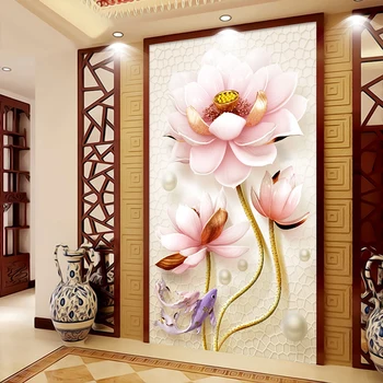 Пользовательские 3D фотообои В китайском стиле с 3D рельефом Лотоса, Нетканый декор для входа в гостиную, Настенная роспись, обои с цветами