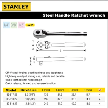 Профессиональный ключ с Храповым механизмом Stanley со Стальной Ручкой для Механика 89-817-22 с Храповой Головкой с 45/54 зубьями 1/4 дюйма 3/8 дюйма 1/2 дюйма CR-V