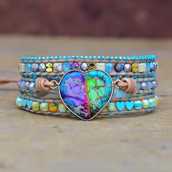 Разноцветные браслеты с императорским камнем в форме любви, 3-слойный браслет-обертка для женщин, ювелирные изделия, браслет-оберег дружбы, прямая поставка