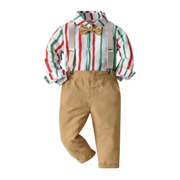Рождественская рубашка в полоску для мальчиков, подтяжки, повседневный костюм, топ, брюки, галстук-бабочка для джентльмена, детская одежда с длинными рукавами
