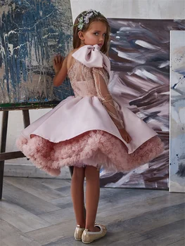 Розовое пушистое многослойное Свадебное платье с длинными рукавами и пайетками на одно плечо для девочки в цветочек, Милое Детское праздничное платье в цветочек для причастия