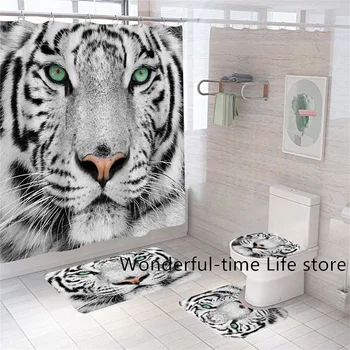 Роскошный комплект штор для душа с 3D принтом белого Тигра и 12 крючками, коврик для ванной с животными, Половик, крышка унитаза, Наборы декора для домашней кухни