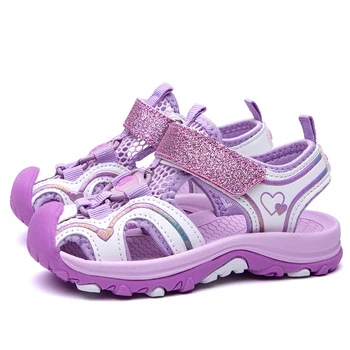 Сандалии для девочек 2022 Модная летняя обувь для больших детей, спортивная пляжная обувь с закрытым носком, детские ФИОЛЕТОВО-розовые САНДАЛИИ BAOTOU