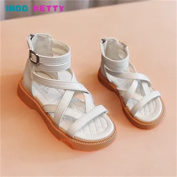 Сандалии для девочек 2023, Летние новые Римские туфли с высоким берцем, Шикарные простые однотонные туфли на молнии в Корейском стиле для маленьких принцесс