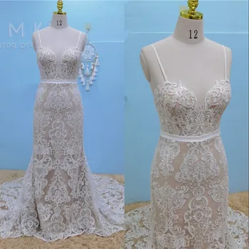 Свадебное платье UMK Mermaid 2021, сексуальные кружевные бретельки-спагетти с открытой спиной, элегантные свадебные платья в стиле бохо с блестками