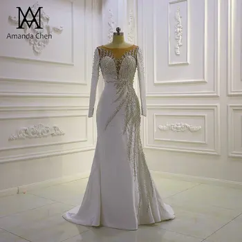 свадебное платье с длинным рукавом из атласа с кружевной аппликацией и длинным рукавом