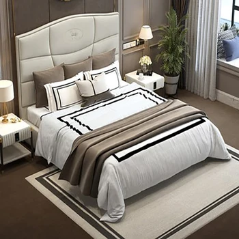 Светлая роскошная кожаная кровать, итальянская спальня высокого класса, мягкая двуспальная кровать 1,8 метра, атмосферная свадебная кровать, роскошная кожа