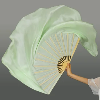 Светло-зеленая вуаль Yangko Dance Fan, 100% натуральный шелк, струящийся реквизит для шоу классической танцовщицы, одна пара (L + R), Фарфоровый бамбуковый фольклор.