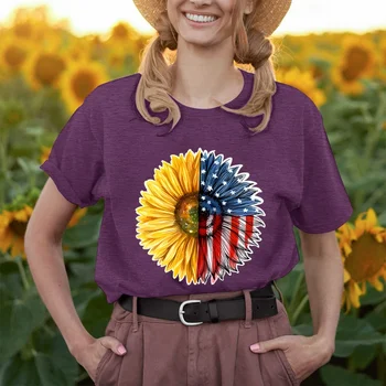 Свободная повседневная женская футболка с изображением флага Дня независимости США и подсолнухов с короткими рукавами и круглым вырезом, женские топы, рубашка