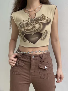 Симпатичная футболка Y2K Fairycore Grunge Graphic, Летняя футболка, женская мода в стиле ретро с принтом, тонкие топы, эстетичная одежда 90-х годов