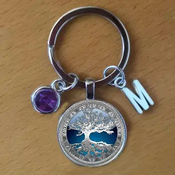 Синее кольцо для ключей с изображением дерева жизни, цепочка для ключей с родимым камнем, оригинальный стеклянный брелок с родимым камнем