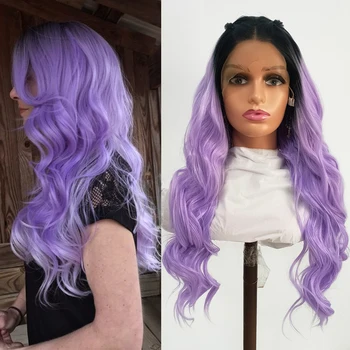 Синтетические кружевные парики AIMEYA Body Wave Спереди для черных женщин, Двухцветный Фиолетовый кружевной парик с натуральной линией роста волос, парики для косплея, Синтетический Парик