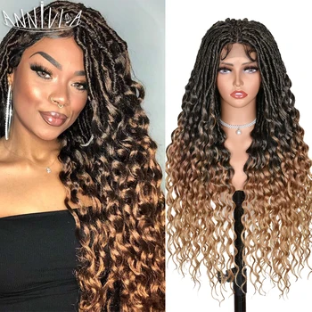 Синтетические полностью кружевные плетеные парики Goddess Faux Locs, вязаные крючком парики для чернокожих женщин, кружевной твист-парик длиной 32 дюйма с волнистым вьющимся концом