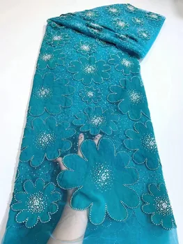 Синяя африканская кружевная ткань, высококачественная кружевная ткань с бисером, французские 3D цветы, кружевная ткань 5 ярдов для женщин, свадебное платье, Нигерийское кружево