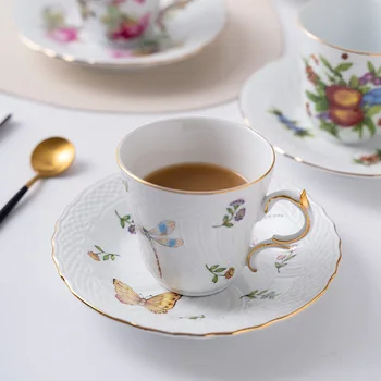 Скандинавские керамические кофейные кружки, набор чашек и блюдец с цветочным узором в стиле ретро, ручная позолоченная фарфоровая чашка для домашнего завтрака с овсянкой