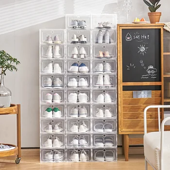 Складной пластиковый футляр для обуви, Утолщенный прозрачный выдвижной ящик, Штабелируемые пластиковые коробки для обуви, Органайзер для обуви, Пылезащитный шкаф для обуви