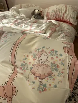 Сладкий кролик с цветочным бантом, розовый комплект постельного белья для девочки-подростка, твин, полный комплект хлопчатобумажного домашнего текстиля, простыня, наволочка, пододеяльник