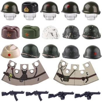 Советский военно-тактический шлем времен Второй мировой войны, строительные блоки, фигурки армейских солдат, шляпа, пальто, пистолет, оружейные аксессуары, кирпичи, подарки для мальчиков