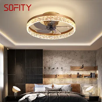Современный потолочный вентилятор SOFITY, креативная алюминиевая лампа с дистанционным управлением, светодиодная подсветка, Хрустальный декор для дома, столовой, спальни