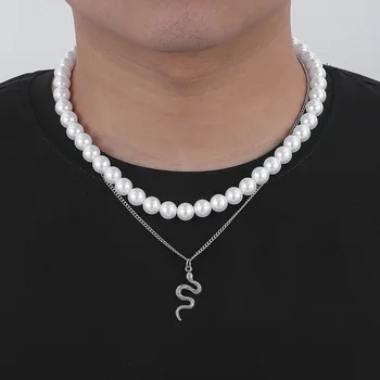 Стильное двухслойное ожерелье в виде змеи из нержавеющей стали с жемчугом, мужские украшения на шею, уникальный ювелирный аксессуар