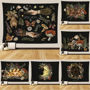 Таинственный винтажный гобелен с Таро и грибами, настенная роспись руки ведьмы, ботаническая бабочка, Солнце и Луна, эстетический гобелен хиппи