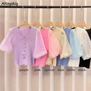 Трикотажные футболки Женские 6 цветов, винтажные, женственные, с пышными рукавами, темпераментные, повседневные, в корейском стиле, новые летние Популярные топы