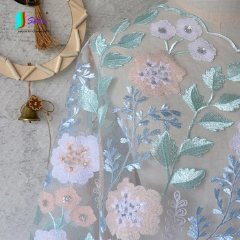 Украшение в виде белого цветка и водянисто-голубых листьев, свадебное платье, юбка для девочек, материал, вышивка пайетками, модная одежда, тюлевая ткань