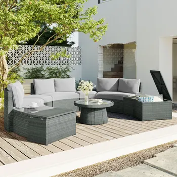 Уличный секционный полукруглый диван из ротанга для патио из 10 предметов, набор плетеной мебели для бесед из полиэтилена для свободного сочетания, светло-серый