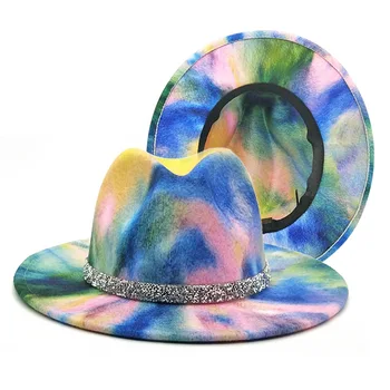 Фетровая шляпа с галстуком-краской, цветные пятна, радужный сахар, женская летняя новинка 2021 года, джазовая шляпа в стиле хип-хоп ретро с плоскими полями, панама кепка женская