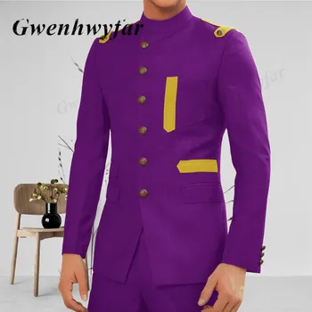 Фиолетово-желтые Мужские костюмы Gwenhwyfar 2022, Повседневный Блейзер в африканском стиле, Брюки, Приталенный Модный пиджак для вечеринки жениха на бретелях