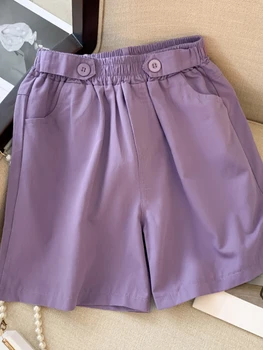 Хлопковые повседневные женские летние шорты фиолетового цвета С высокой талией, широкие пятиточечные брюки Женская одежда Лето 2023, Тонкие розовые шорты