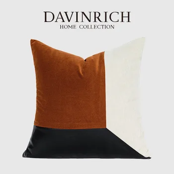 Чехлы для подушек DAVINRICH Color Block, черная кожа, Оранжевый, бежевый бархат, декоративная наволочка, 50x50 см, декор в студийном стиле