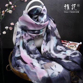 Шелковый шарф с цветочными чернилами, Женский 2020, Длинный шарф с принтом Ханчжоу, 100% шелковый шарф, шаль, длинный платок, Femme