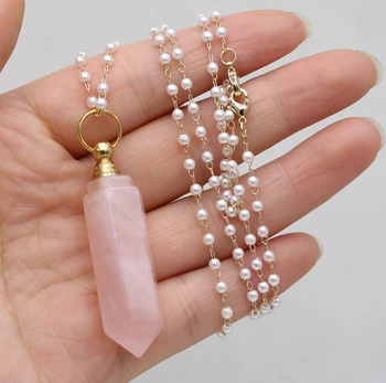 Шестиугольная призма из натурального камня розовый кварц флакон духов кулон ожерелье цепь для женщин розовый кристалл колье ювелирные изделия подарки